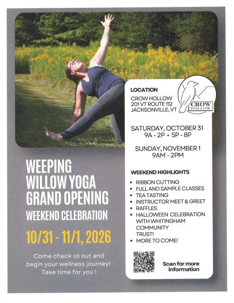 flyer with information about dates and times, photo showing owner in yoga pose in grass field
