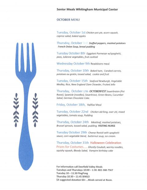 Senior Meals October 2019 menu