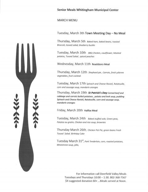 Senior Meals March 2020 menu