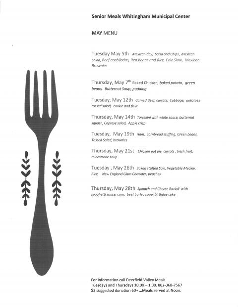 Senior Meals May 2020 menu