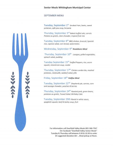 Senior Meals September 2020 menu