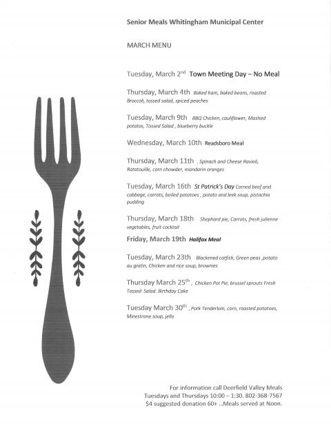 Senior Meals March 2021 menu