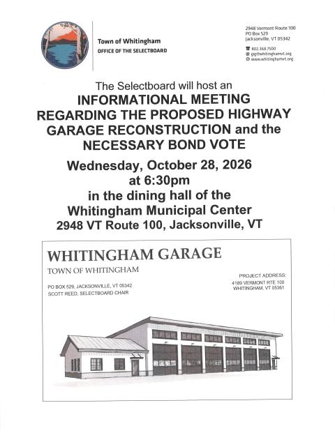 highway garage information meeting flyer meeting to be held October 28th at 6:30pm in the dining hall of the Municipal Center